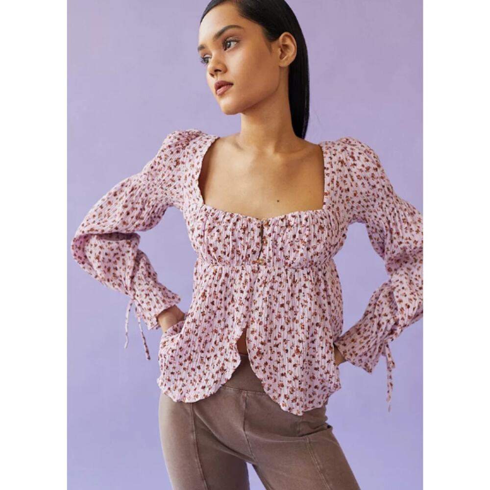 Urban Outfitters Women's Allie Tie-Sleeve Blouse L Purple Floral Print Boho - Picture 2 of 11